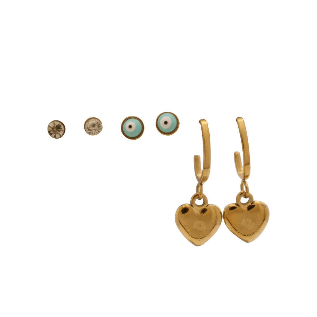 Nazar Heart Trio Ohrstecker Set Vergoldet - Saini Jewelry