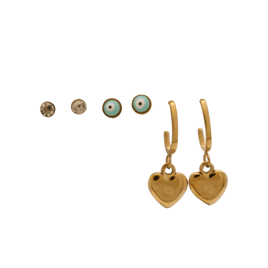 Nazar Heart Trio Ohrstecker Set Vergoldet - Saini Jewelry